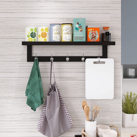 SMIBUY Coat Hooks with Shelf Wall-Mounted, 74 cm Entryway Coat Rack for Wall, Bamboo Hanging Shelf with 5 Double Metal Hooks for Bathroom, Bedroom