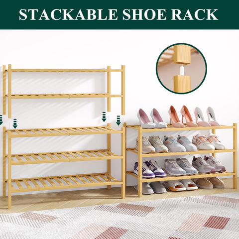 smiry Natural Bamboo Shoe Rack, 5 Tier Wooden Stackable Shoe Storage Organiser, Free Standing Shoes Storage Shelf for Entryway, Hallway, Small Spaces