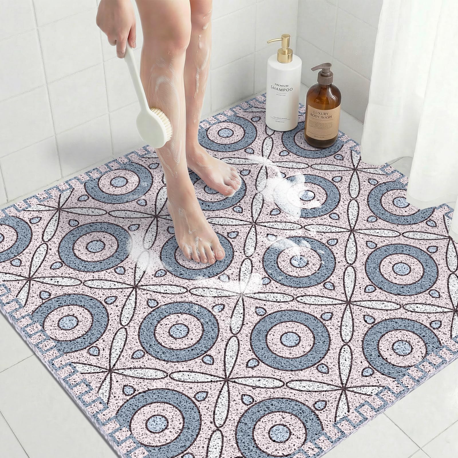 Quick Dry Large Square Shower Mat Non Slip 80x80 CM, Anti Mould PVC Loofah Bath Mat for Bathroom Floor & Wet Room