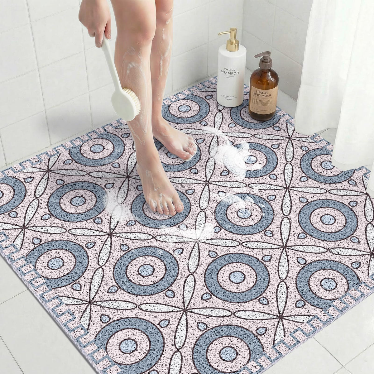 Quick Dry Large Square Shower Mat Non Slip 80x80 CM, Anti Mould PVC Loofah Bath Mat for Bathroom Floor & Wet Room