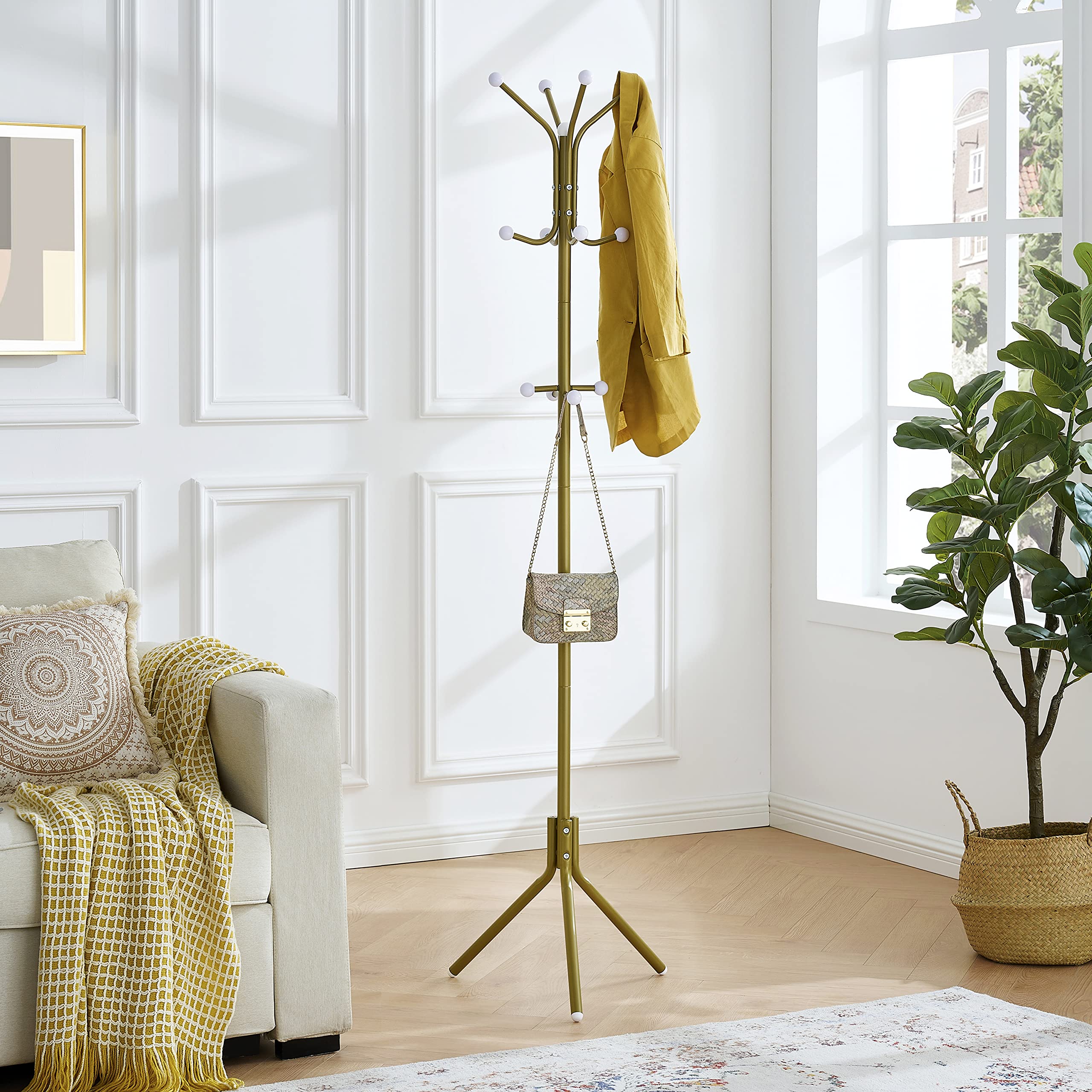 Hoctieon Freestanding Coat Hanger Stand with 12 Hooks, Entryway Hall Tree, Floor Standing Coat Rack, Gold