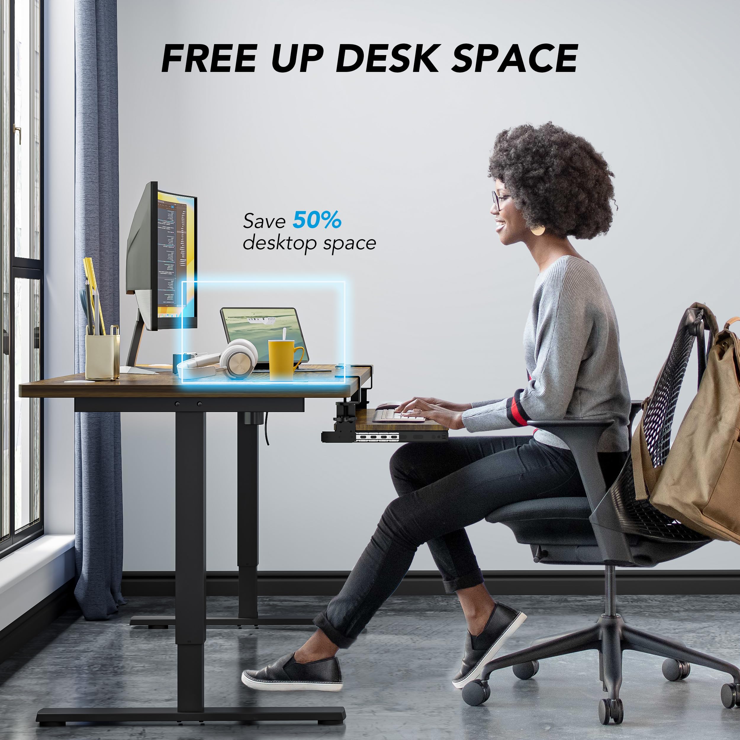 Keyboard Tray Under Desk Pull Out with Extra Sturdy C Clamp Mount System, 694 (838 mm Including Clamps) x 300 mm Slide-Out Platform Computer Drawer
