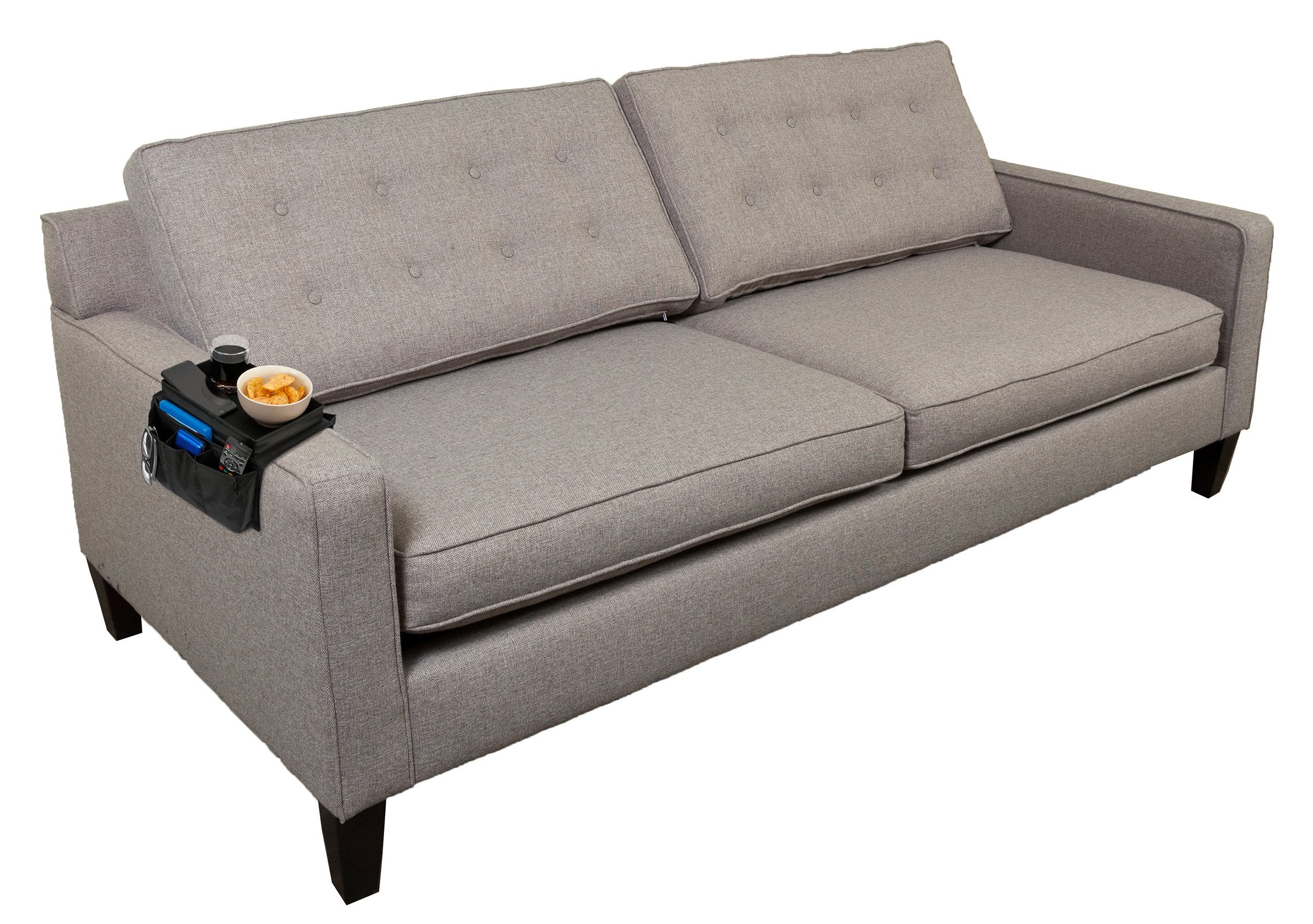 iN HOME Armrest Organiser with Table top for Snacks and Drinks - Sofa Arm Tray with Remote Control Holder - 6 Pocket Easy Access Storage for Books