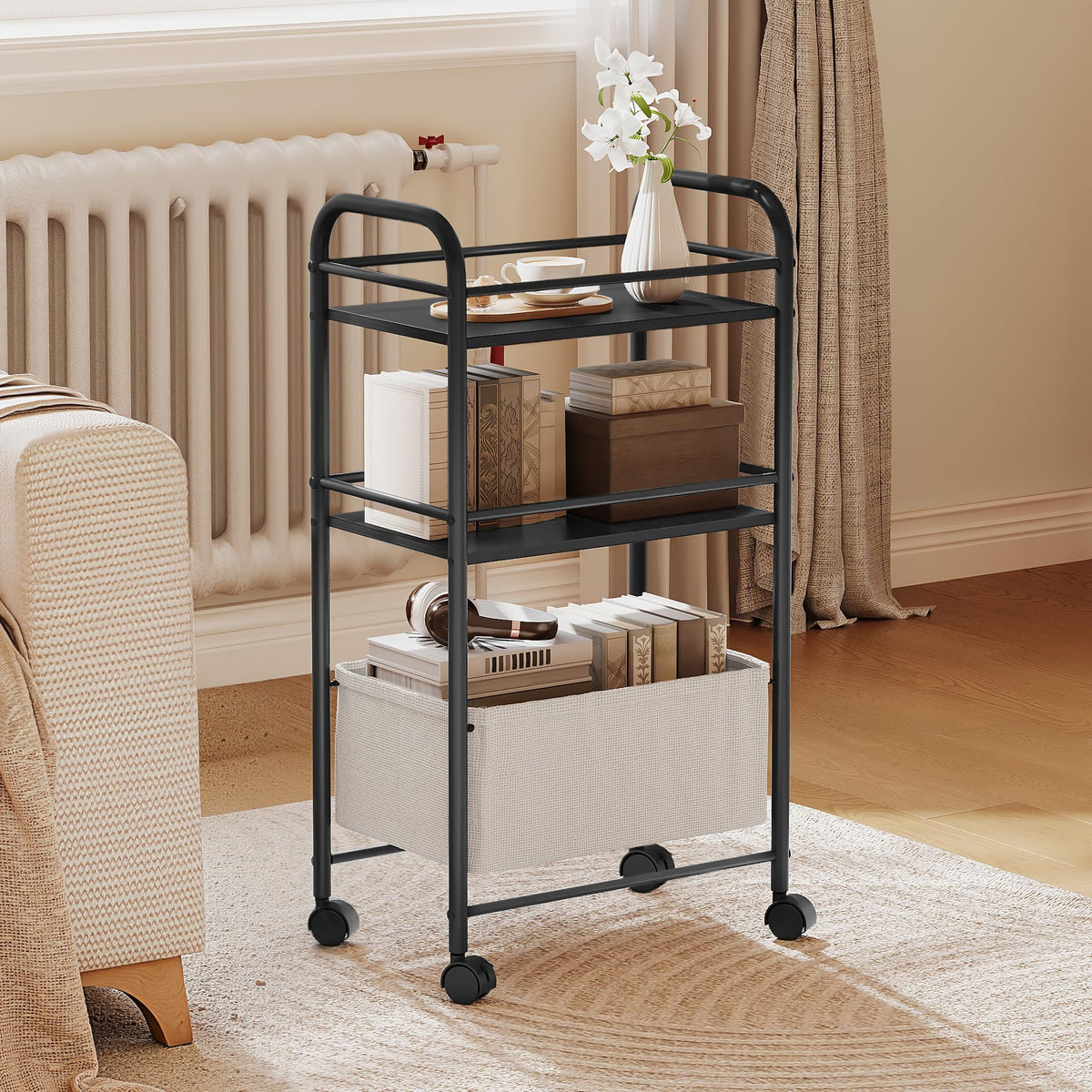 YITAHOME metal storage trolley on wheels, 3 Tier kitchen trolley, storage cart with Woven Basket, Lockable Wheels, Handle, book cart for office