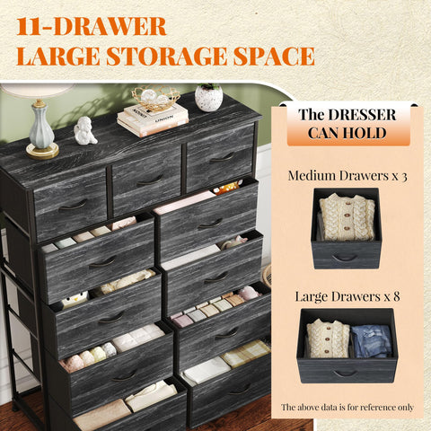 Flrrtenv Chest of Drawer with 11 Drawers, Modern Bedroom Cabinte, Fabric Drawers with Wooden Top, Sturdy Metal Frame, Tall Black Hallway Storage Unit