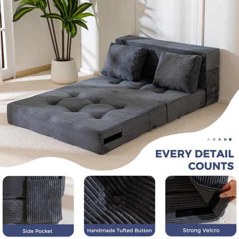 MAXYOYO Folding Foam Sofa Bed, Tri-Fold Mattress with 2 Pillows, Convertible Sofa Chair Futon Z Bed with 15cm Thincken Foam
