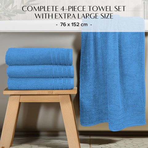100% Cotton Extra Large Bath Towels Set of 4 (76x152cm) - Medium Blue