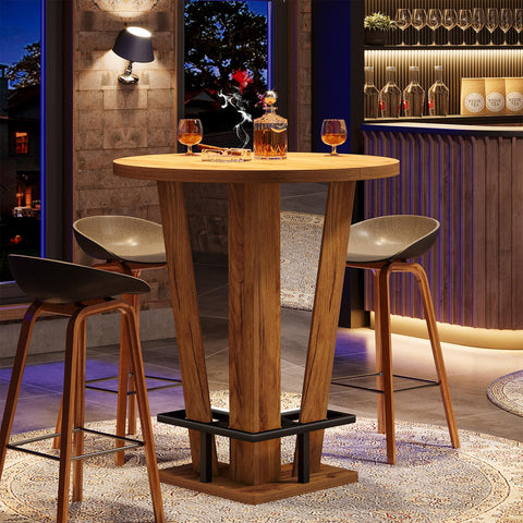 Tribesigns Round Bar Table, 39.4" H High Top Cocktail Bistro Pub Table with Metal Footrest for Living Room, Small Space, Brown