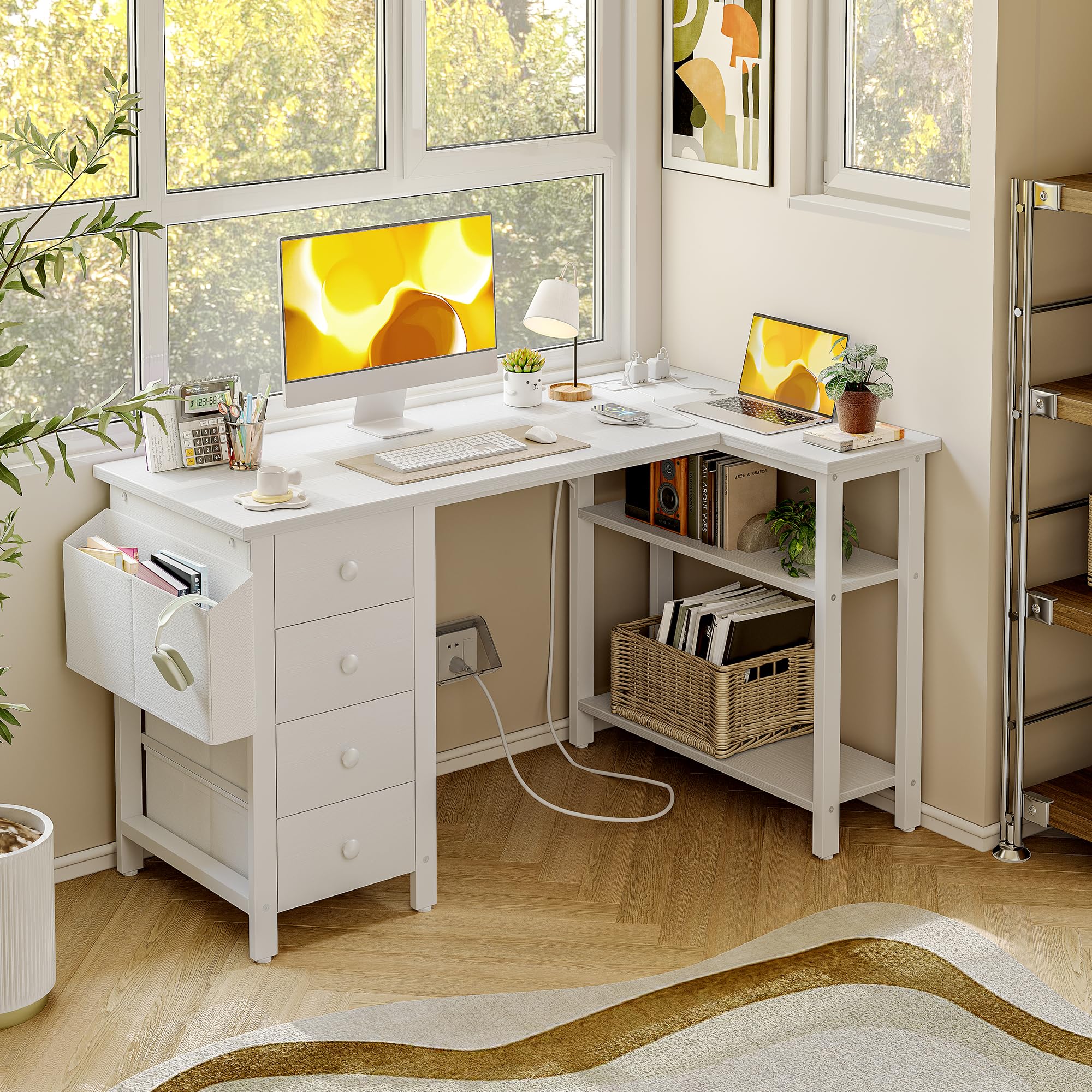 BEXEVUE Small L Shaped Desk with 4 Drawers and Power Strips, 120cm Comuputer Desk with Fabric Storage Drawers