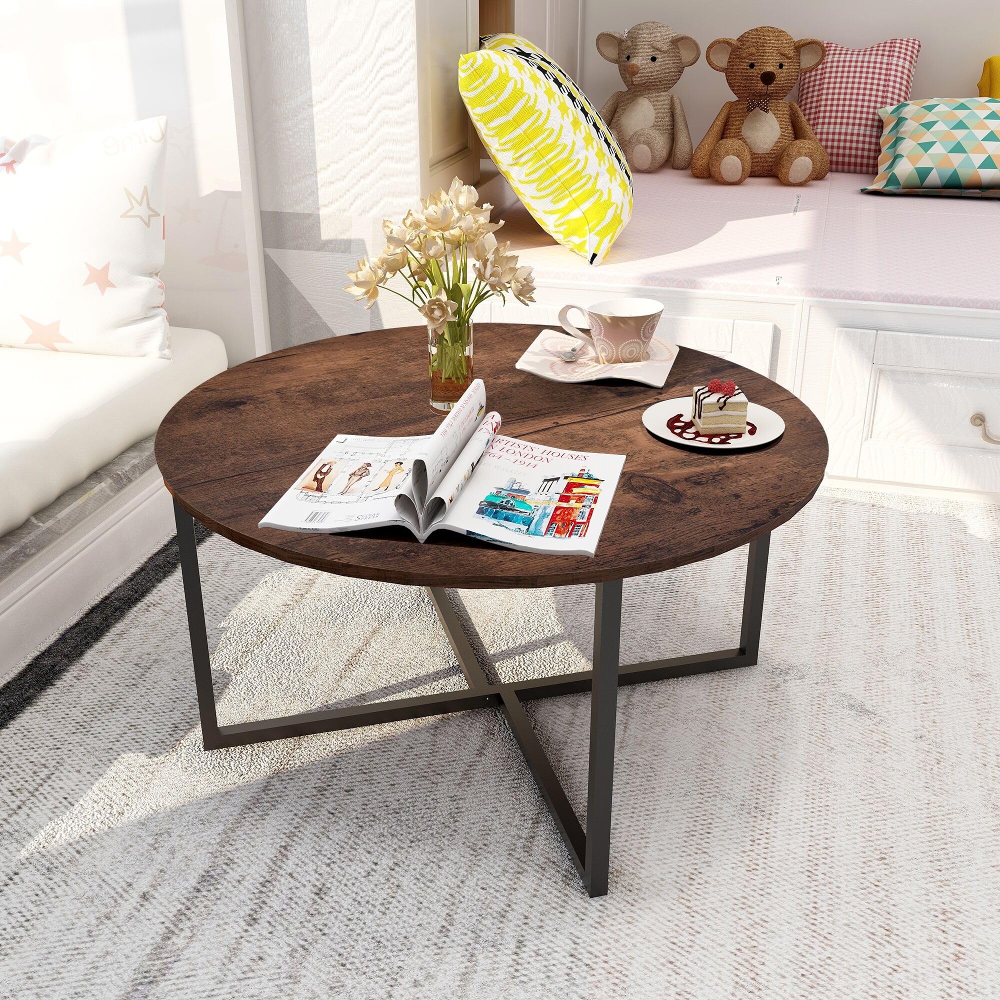HOJINLINERO Round Coffee Table,Coffee Tables for Living Room,Tea Table End Table Sofa Table,Industrial Cocktail Table,Wooden Coffee Table,Durable