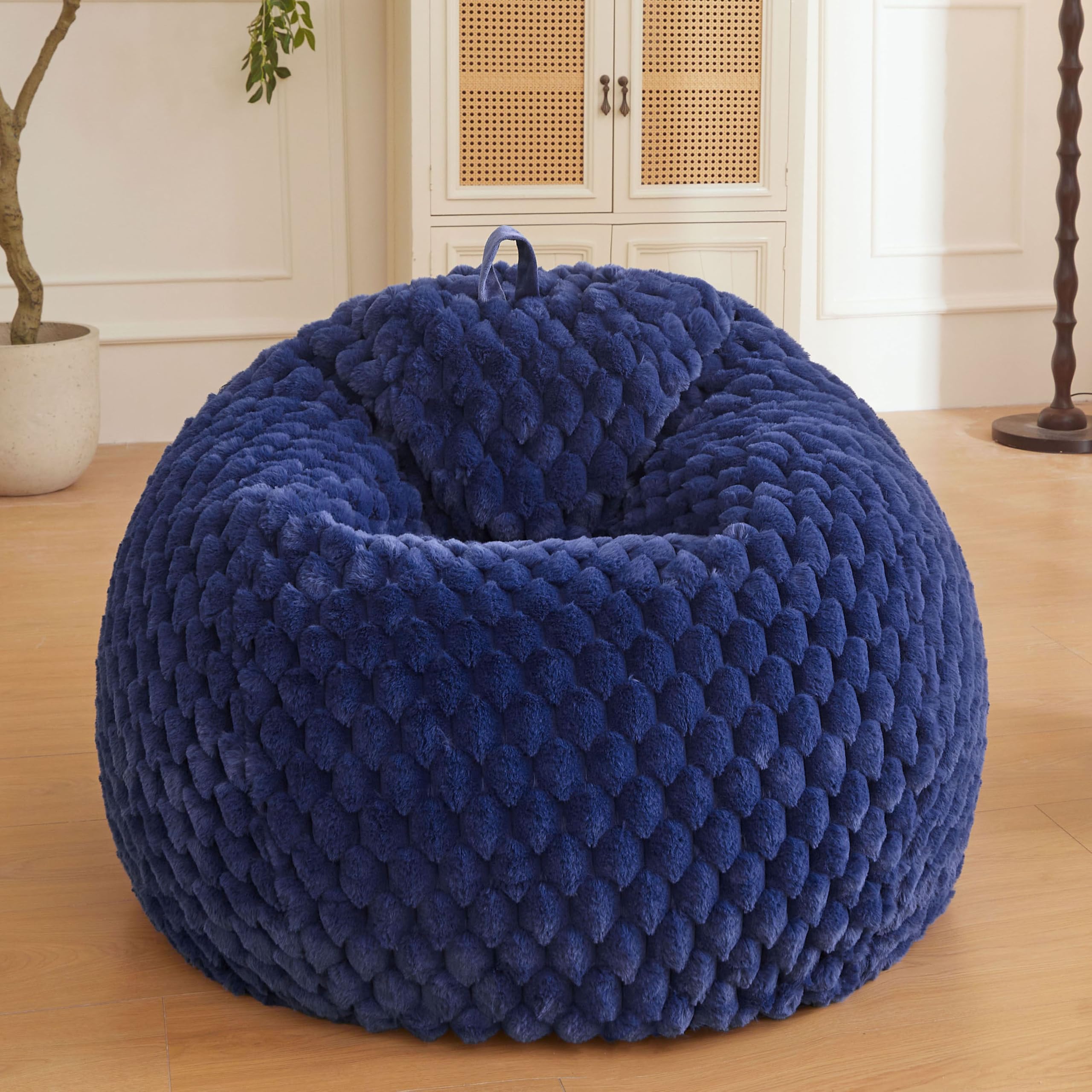 XeGe 3D Bubble Fluffy Faux Rabbit Fur Bean Bag Cover(No Filler), Navy Blue