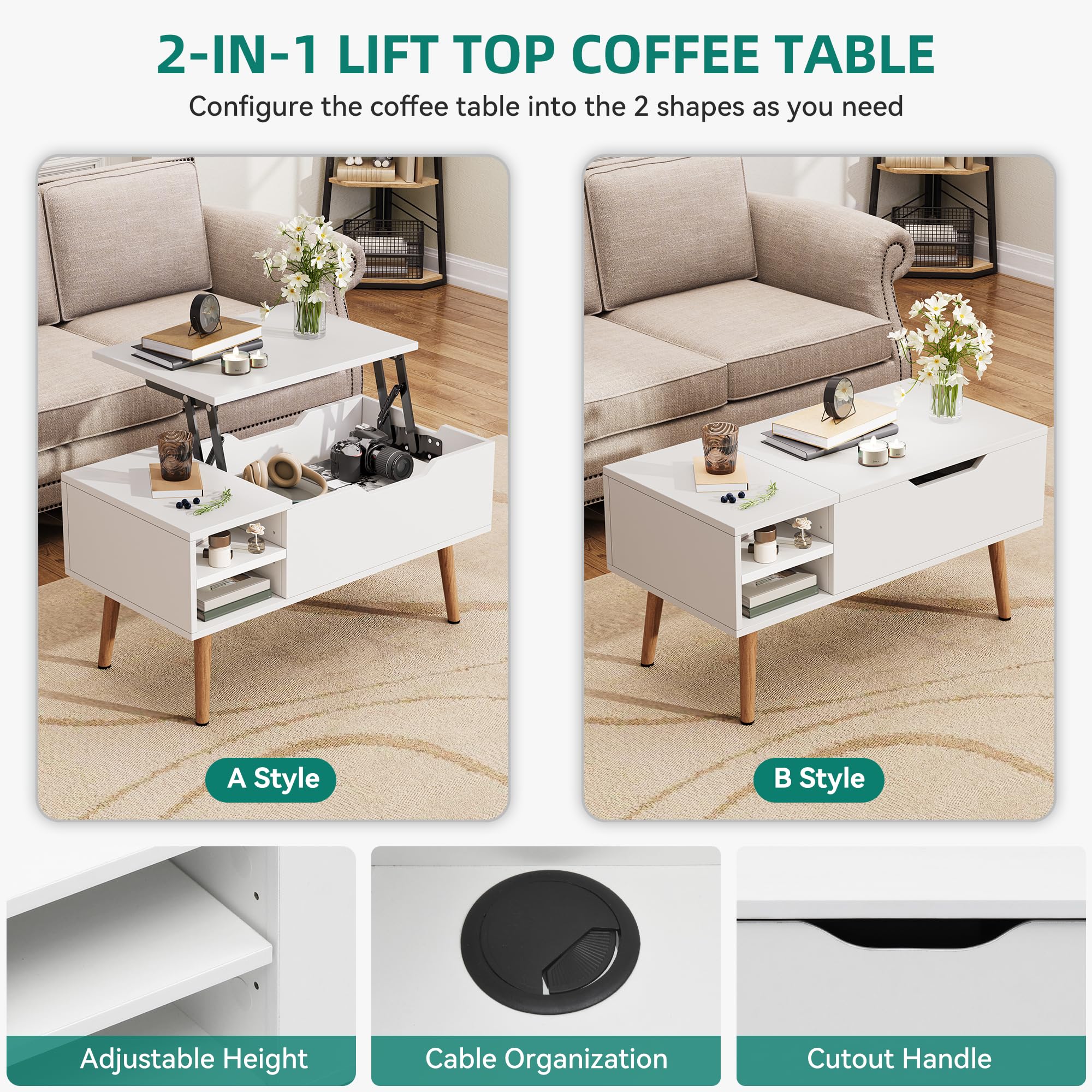 YITAHOME Lift Top Coffee Table with Hidden Compartment, Adjustable Storage Shelf, Spring Lifter, Coffee Table with Storage for Living Room