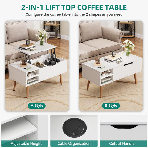 YITAHOME Lift Top Coffee Table with Hidden Compartment, Adjustable Storage Shelf, Spring Lifter, Coffee Table with Storage for Living Room