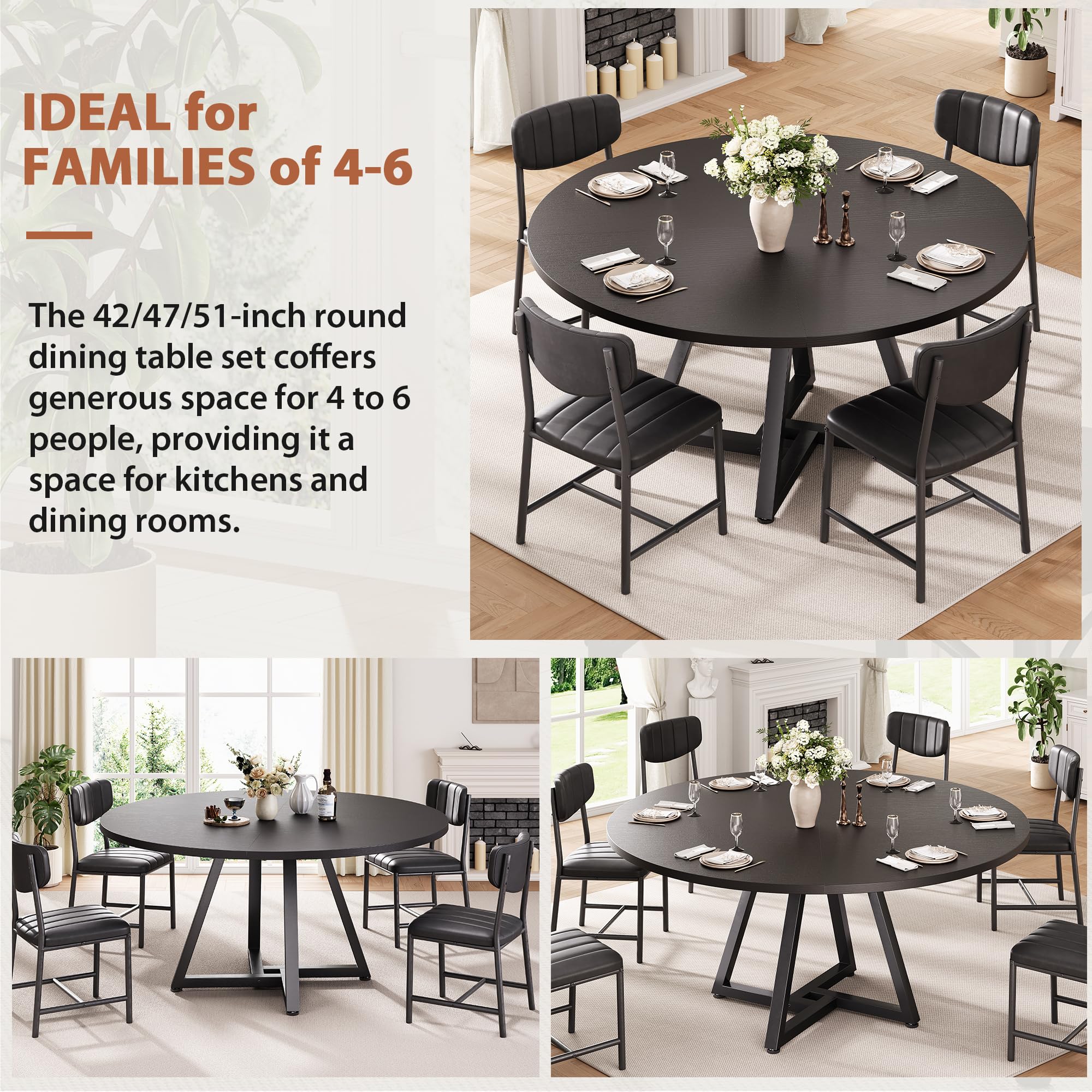 Jocoevol Round Dining Table and 4 Chairs Set of 4, Circle Dinner Table with Metal Frame, Space Saving Wood Industrial Furniture (Black, 42 inch)