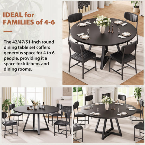 Jocoevol Round Dining Table and 4 Chairs Set of 4, Circle Dinner Table with Metal Frame, Space Saving Wood Industrial Furniture (Black, 42 inch)
