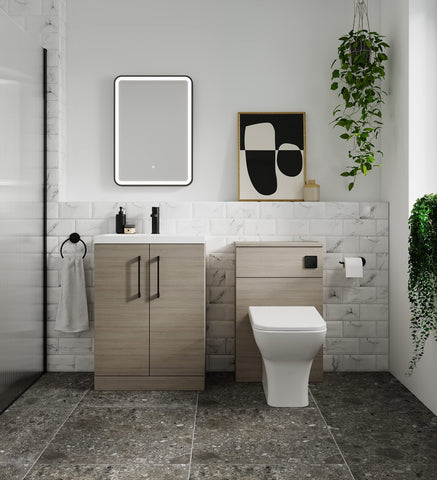 nuie ARN2505G Arno Modern Bathroom Floor Standing 2 Door Vanity Unit with Curved Ceramic Basin, 800mm, Woodgrain Solace Oak