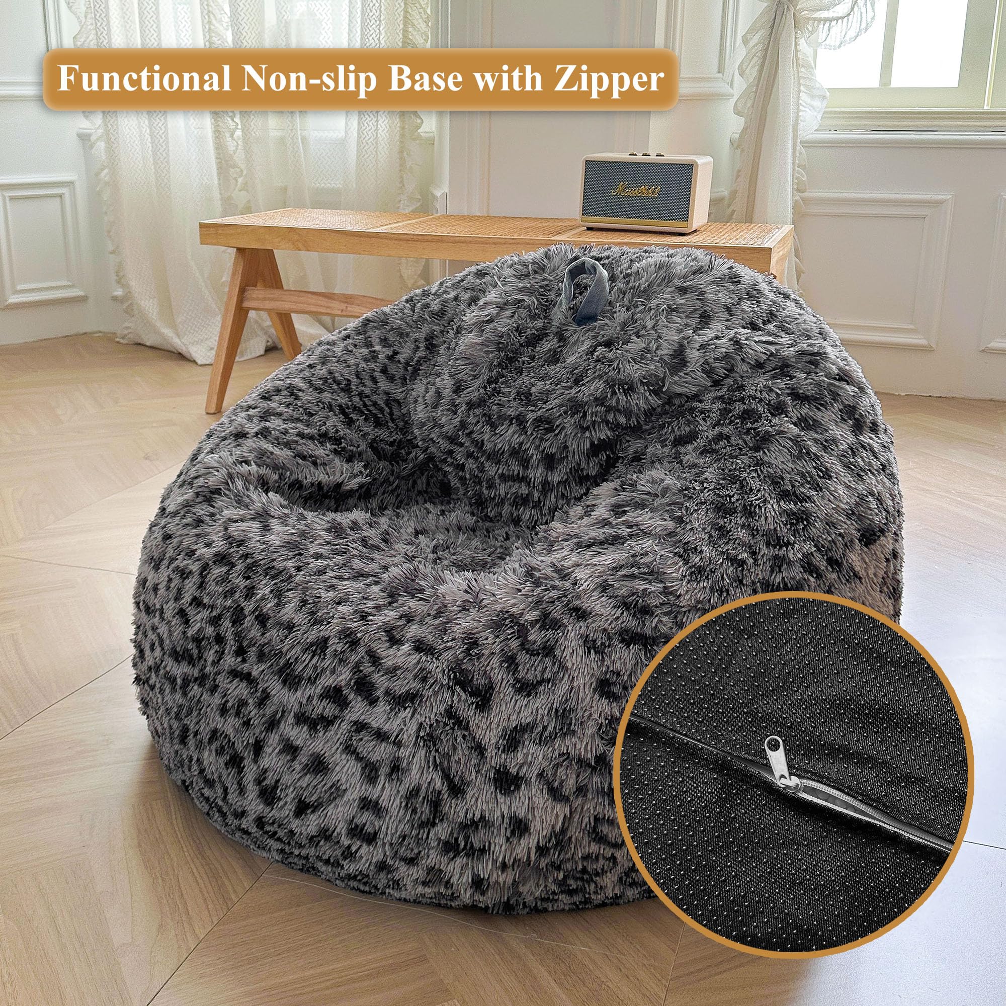 XeGe Faux Fur Leopard Print Bean Bag Chair Cover(No Filler), Cheetah Grey