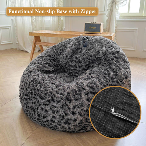 XeGe Faux Fur Leopard Print Bean Bag Chair Cover(No Filler), Cheetah Grey
