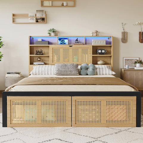 Merax 4ft6 Wooden Bed Frame LED Double Bed Platform Bed 135x190cm,Charging Port, PE Rattan Drawer with Wheels,MDF + Iron,Wood Colour (NO Mattress)
