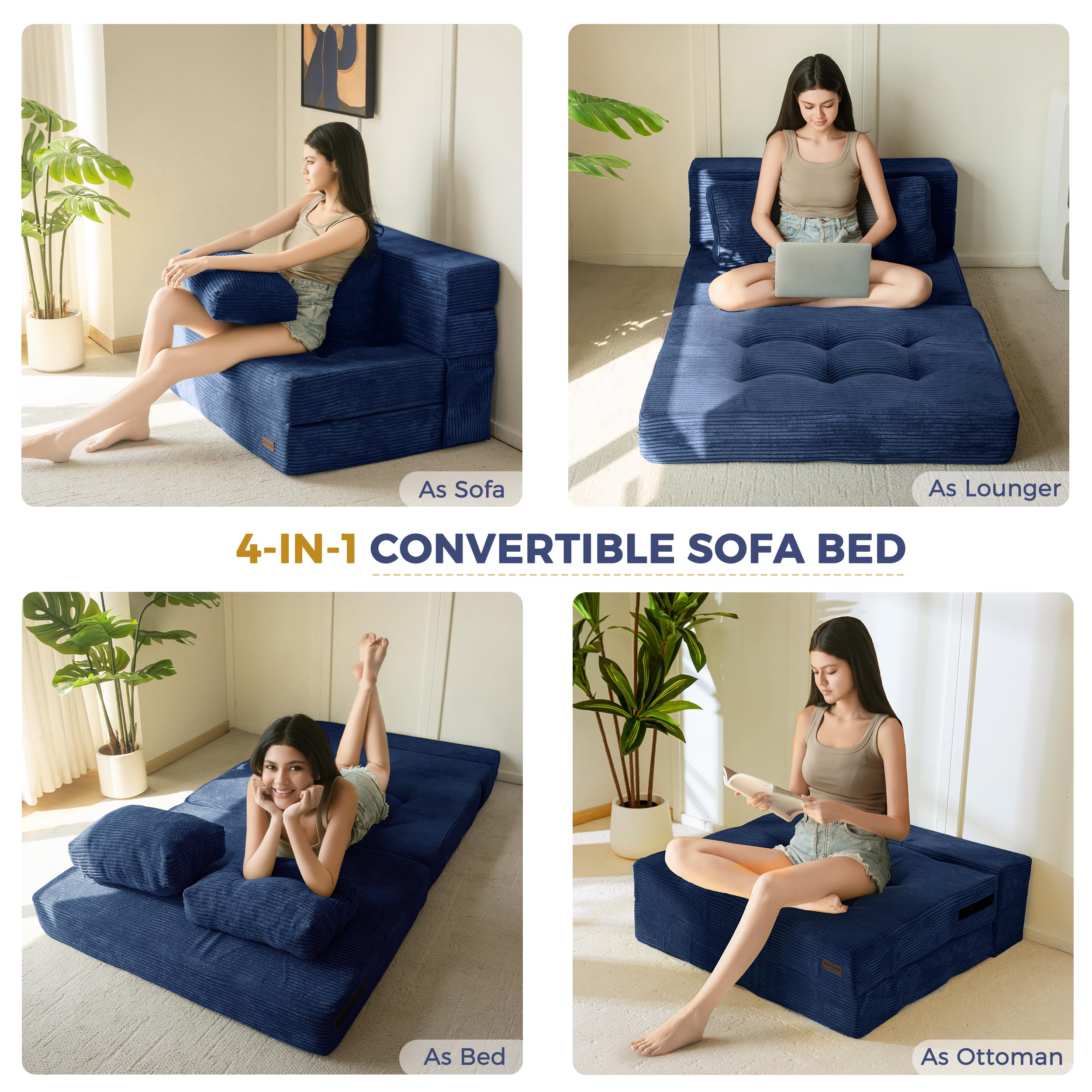 MAXYOYO Folding Foam Sofa Bed, Tri-Fold Mattress with 2 Pillows, Convertible Sofa Chair Futon Z Bed with 15cm Thincken Foam
