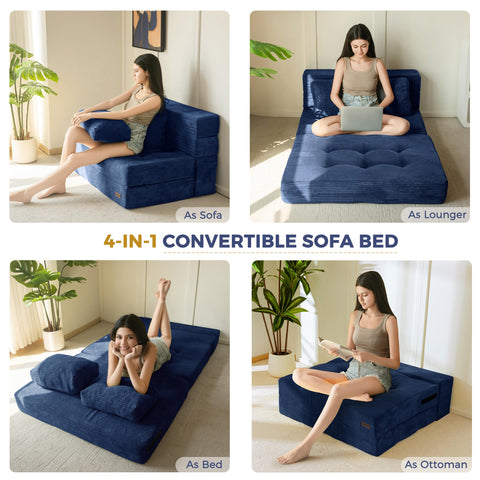 MAXYOYO Folding Foam Sofa Bed, Tri-Fold Mattress with 2 Pillows, Convertible Sofa Chair Futon Z Bed with 15cm Thincken Foam