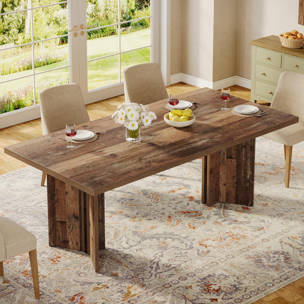 Tribesigns Farmhouse Dining Table for 4 to 6 People, 63-inch Rectangle Wooden Kitchen Table with Large Tabletop and Heavy Duty Legs for Dining