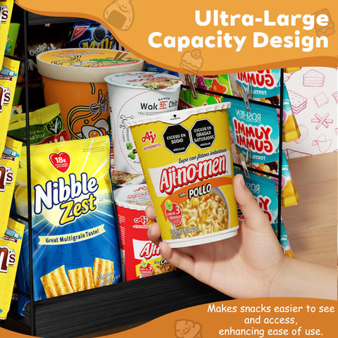 Emfogoo 5-Tier Rotating Snack Organiser with Advertising Board, Chip Display Rack with 360° Spinning Wooden Base & 50 Clips, for Concession Stand