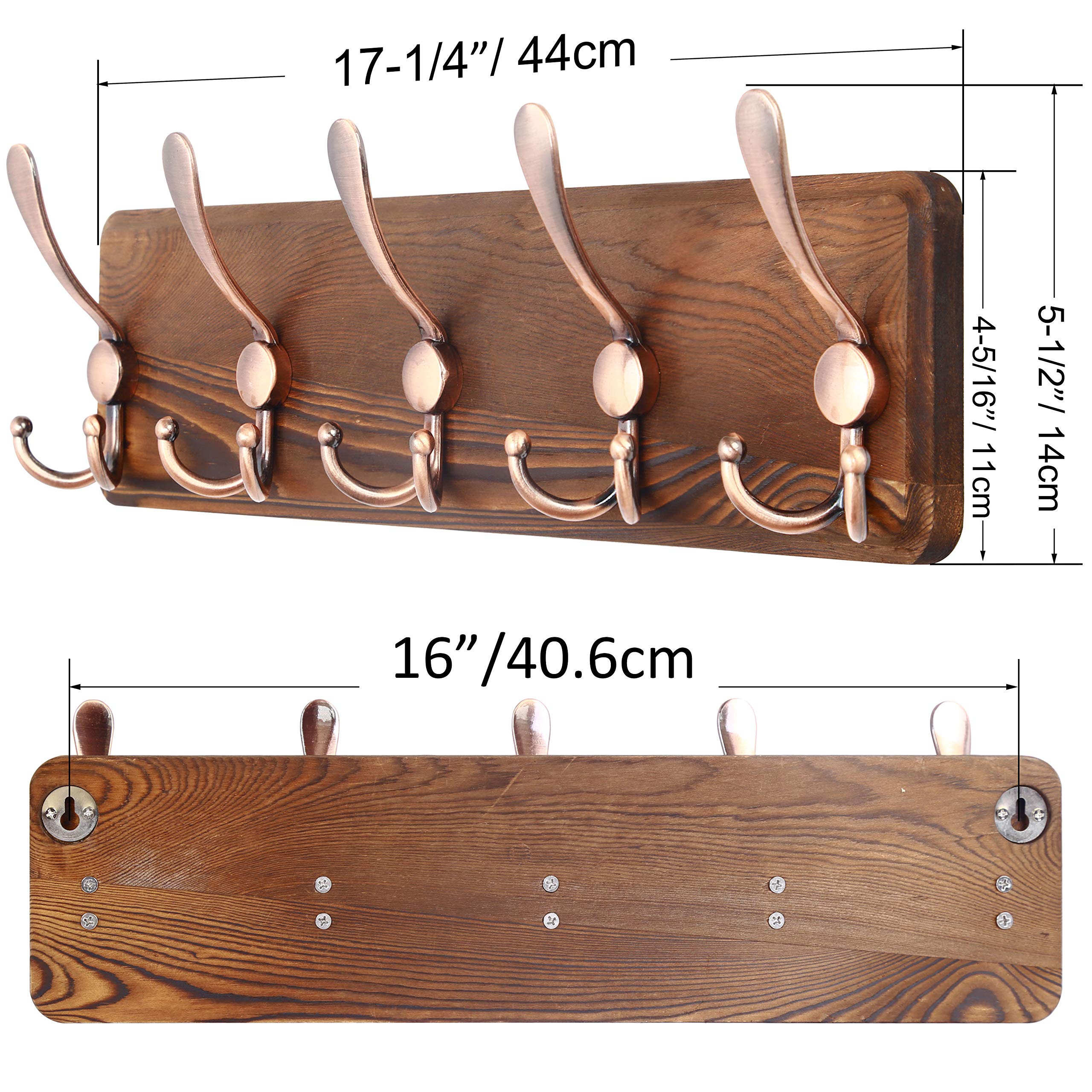 SKOLOO Coat Rack Wall Mounted - Pack of 2, Wooden, Heavy Duty, Rustic Coat Hooks for Wall, Wall Coat Rack with 5 Triple Hooks for Hanging Clothes