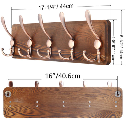 SKOLOO Coat Rack Wall Mounted - Pack of 2, Wooden, Heavy Duty, Rustic Coat Hooks for Wall, Wall Coat Rack with 5 Triple Hooks for Hanging Clothes