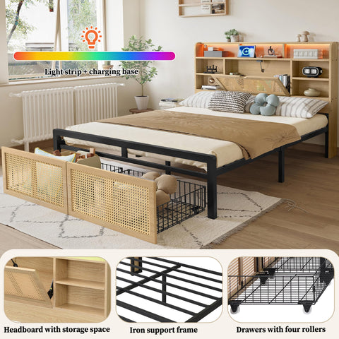 Merax 4ft6 Wooden Bed Frame LED Double Bed Platform Bed 135x190cm,Charging Port, PE Rattan Drawer with Wheels,MDF + Iron,Wood Colour (NO Mattress)