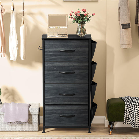 DWVO Narrow Chest of Drawers with 4 Drawers, Fabric Chest Drawers with Side Pocket&Hooks,Easy Pull Handle,Sturdy Steel Frame for Bedroom,Living