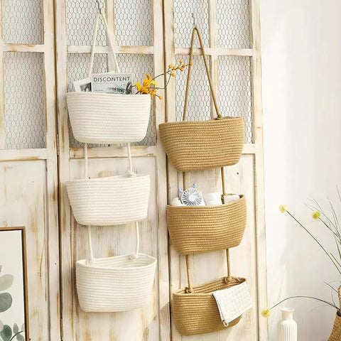 AARAINBOW Wall Hanging Cotton Baskets, Large 3 Tier Decorative Hanging Baskets for Wall Door, Boho Nursery Wall Basket for Organizing