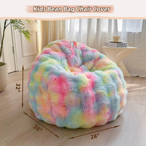 LIFEREVO Kids Fluffy Faux Rabbit Fur Bean Bag Cover, No Filler, Rainbow