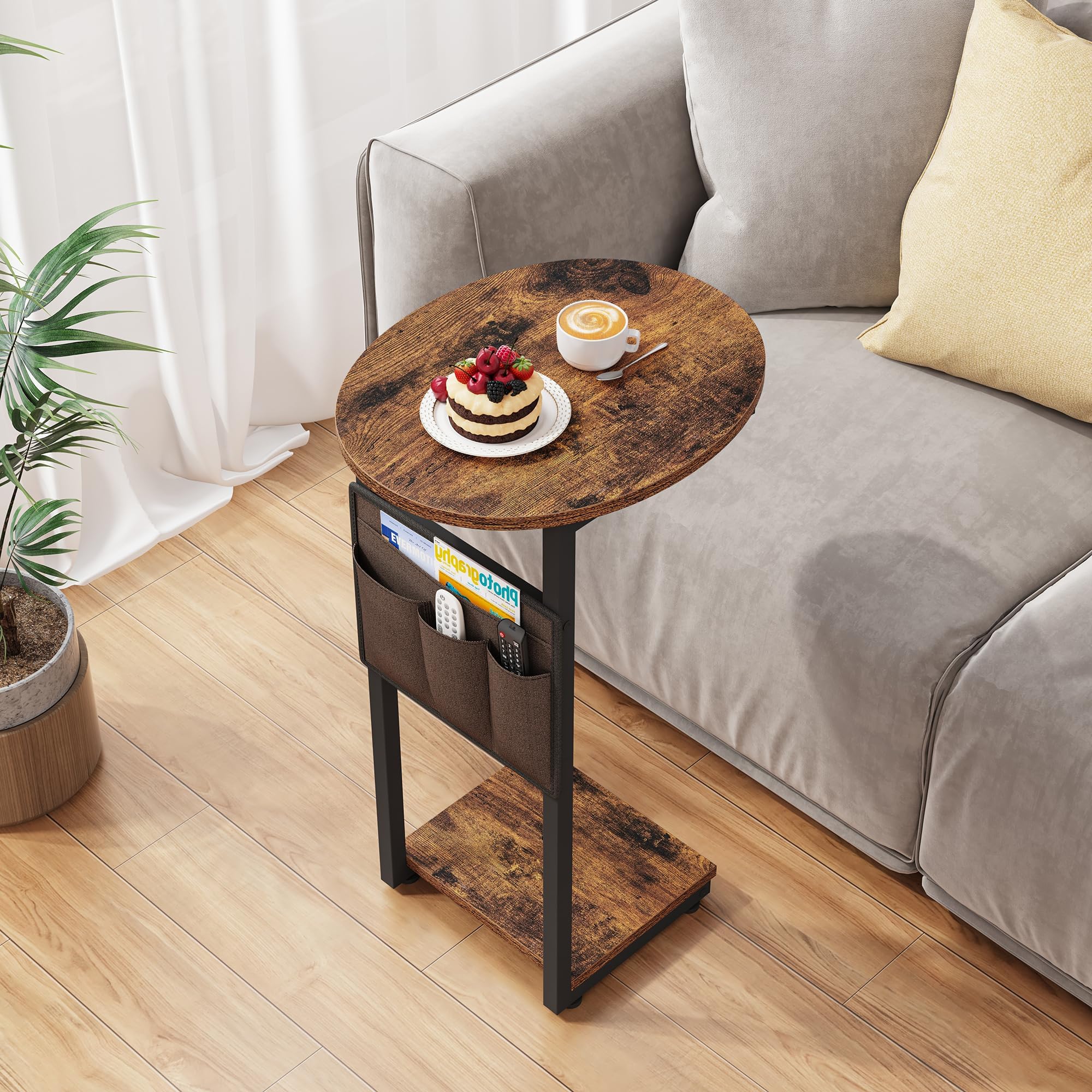 Vagusicc C Shaped End Table, Small Couch Side Tables with Metal Frame that Slide Under Sofa Table TV Tray for Living Room, Bedroom, Rustic Brown