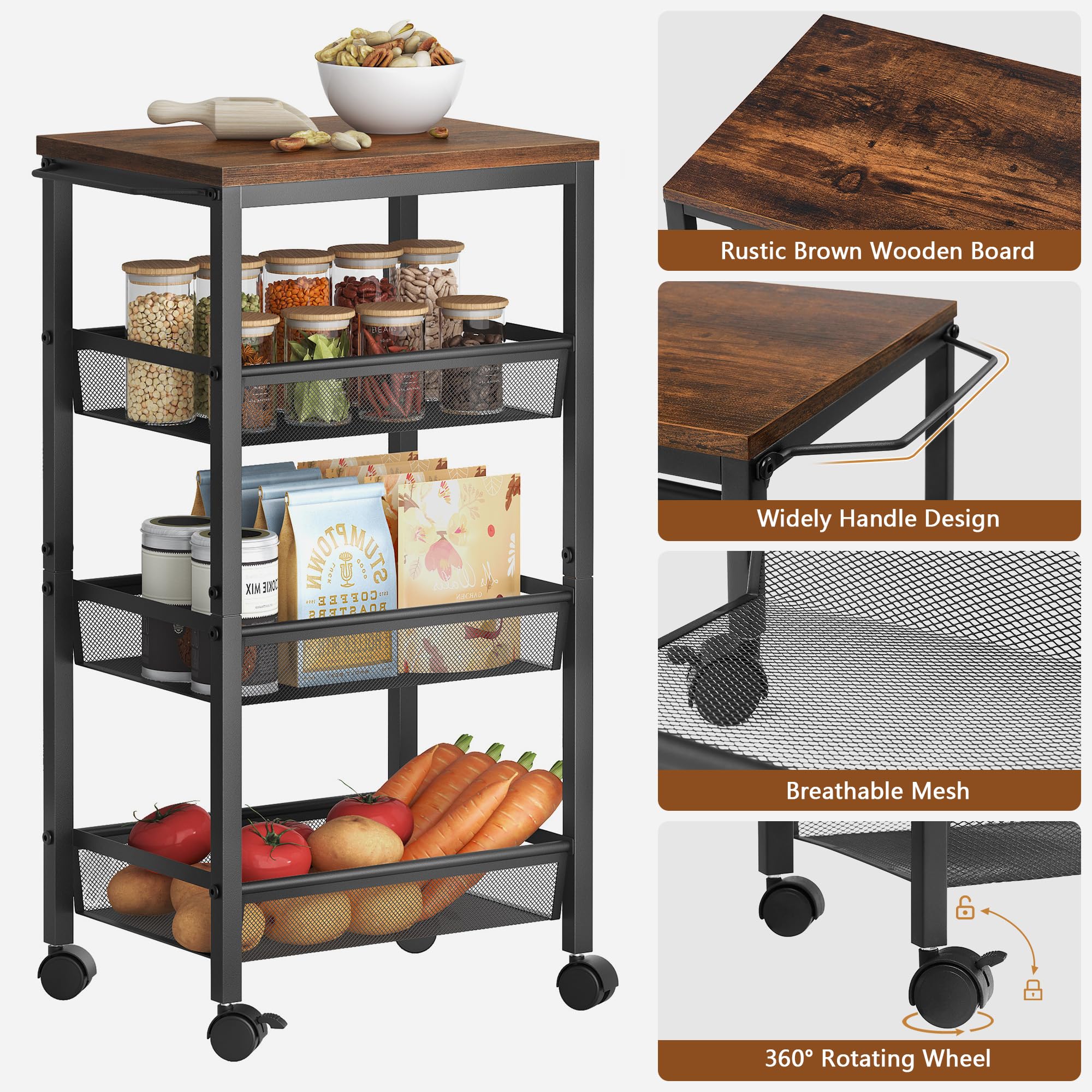Hoctieon Rolling Storage Cart, 4-Tier Wide Panel Kitchen Storage Cart, Utility Carts with Handle & Wheels, Mobile Shelving Unit