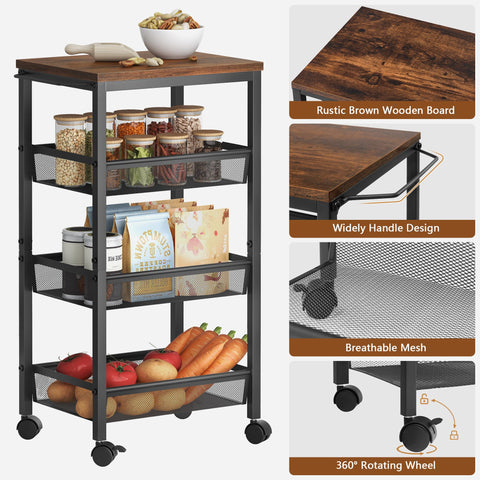 Hoctieon Rolling Storage Cart, 4-Tier Wide Panel Kitchen Storage Cart, Utility Carts with Handle & Wheels, Mobile Shelving Unit