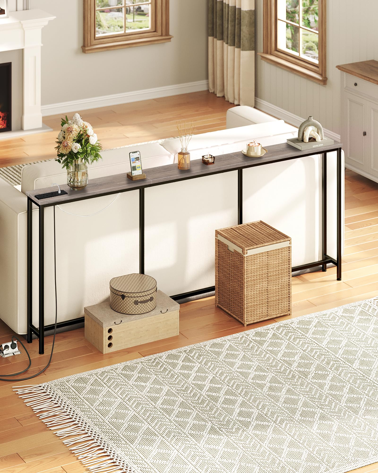 CHOEZON 200 cm Narrow Console Table with Power Outlet, 18 cm Skinny Sofa Table, Long Behind Couch Table with Charging Station