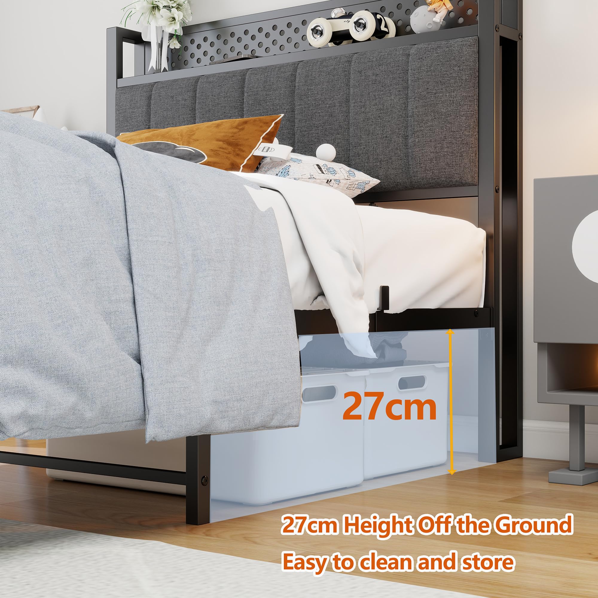 MOFLUT Single Bed Frame with Storage Headboard Shelf, No Box Spring Needed