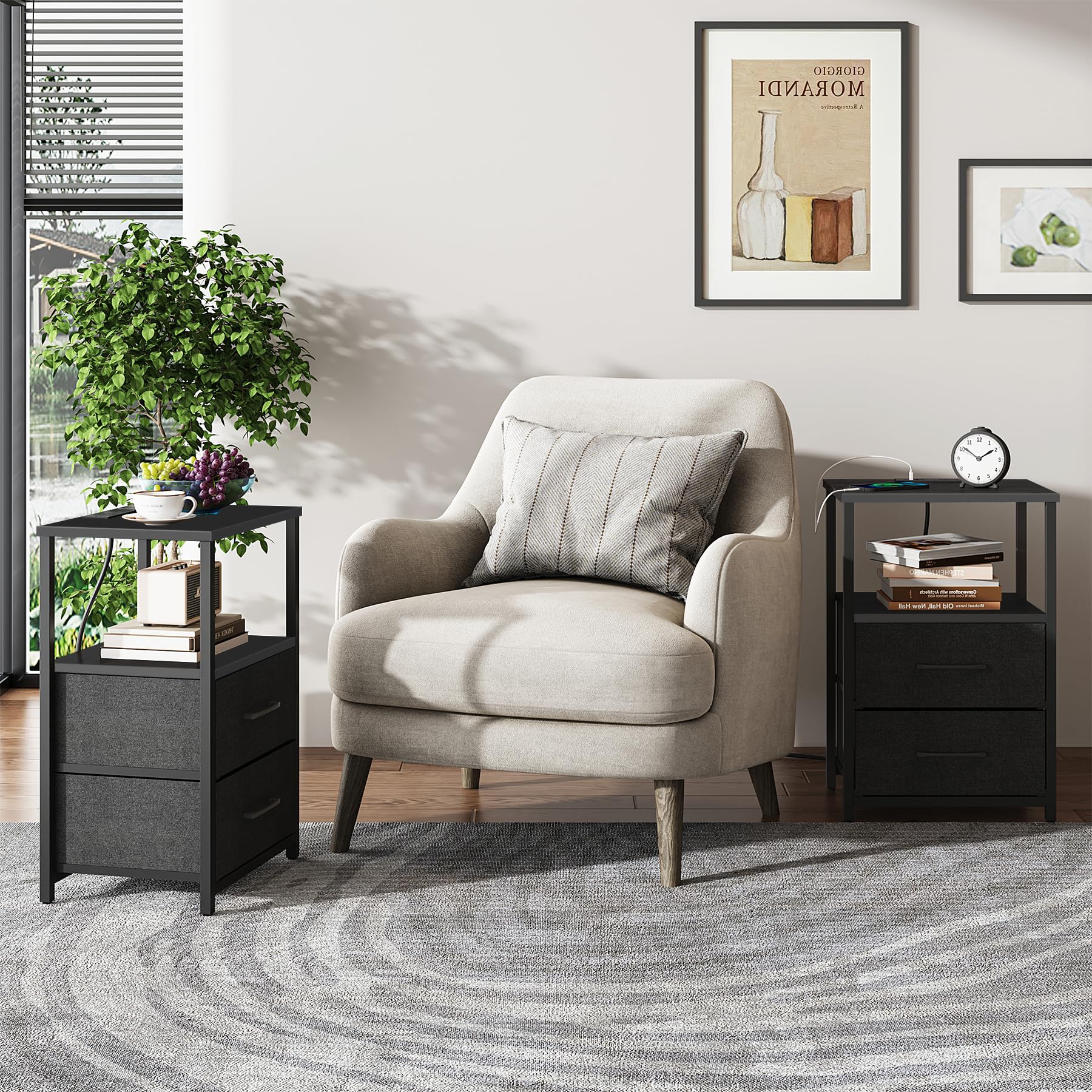 TUTOTAK Bedside Table with Charging Station, Side Table with 2 USB Ports and Outlets, Nightstand with Cloth Drawer, Set of 2, End Table