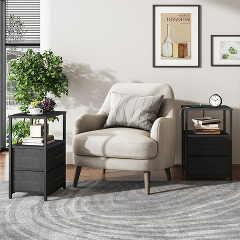 TUTOTAK Bedside Table with Charging Station, Side Table with 2 USB Ports and Outlets, Nightstand with Cloth Drawer, Set of 2, End Table
