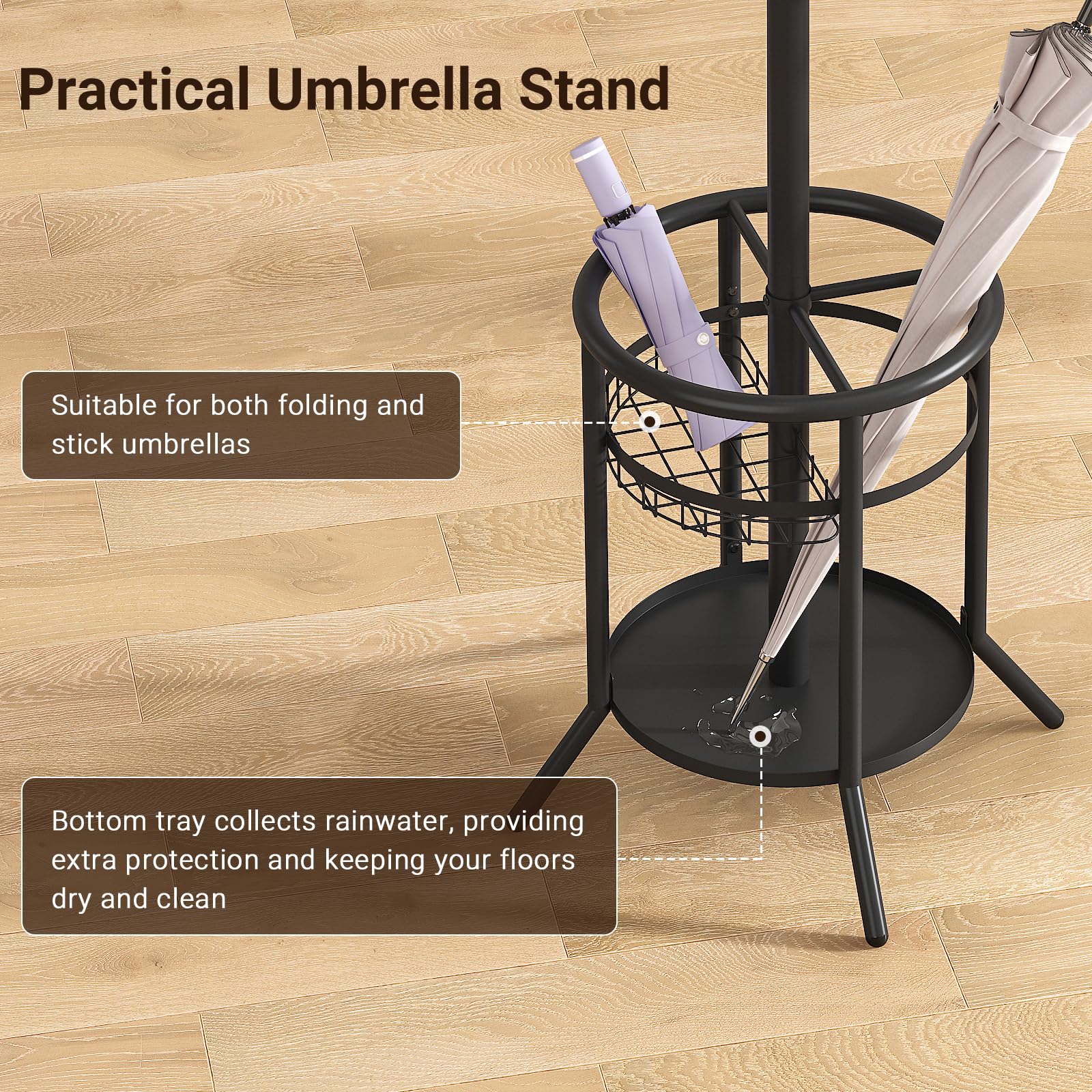 ELYKEN Metal Coat Stand with Umbrella Holder Vintage for Office Black