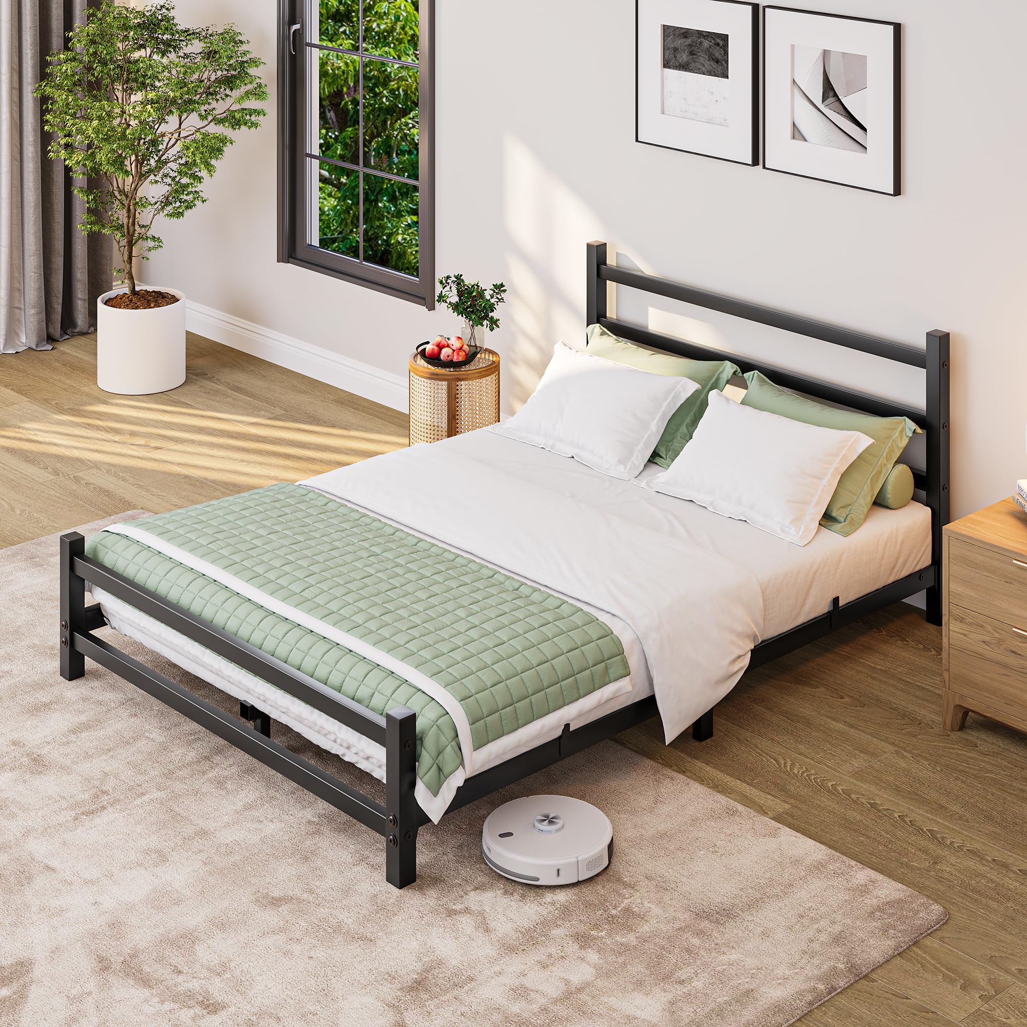HOMERECOMMEND Double Bed Frame With Headboard,4ft6 Floor Bed Frame,Black