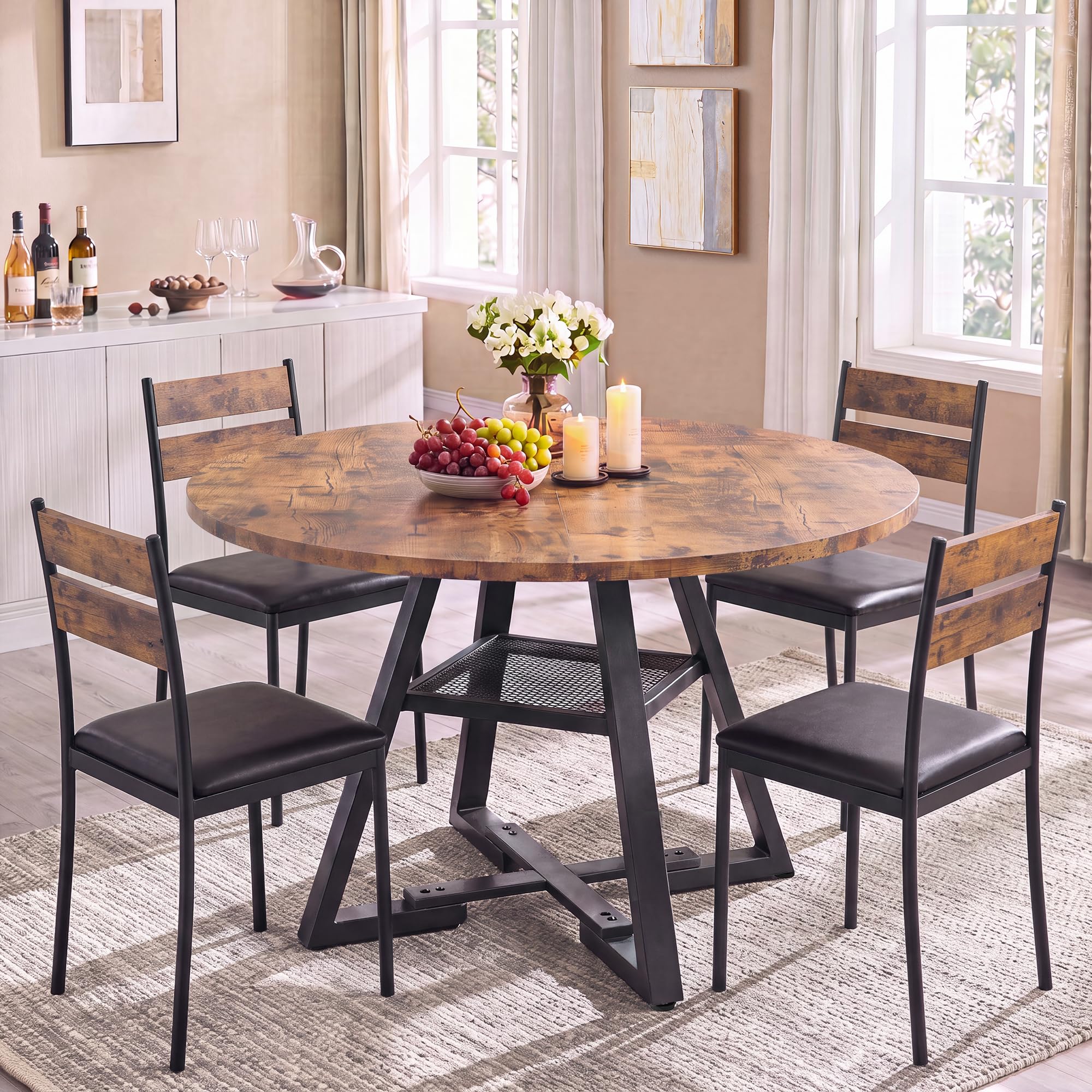 Jocoevol Round Dining Table for 4-6 People, Circle Dinner Table with Shelves, Space Saving Wood Kitchen & Dining Room Furniture (Vintage, 51 inch