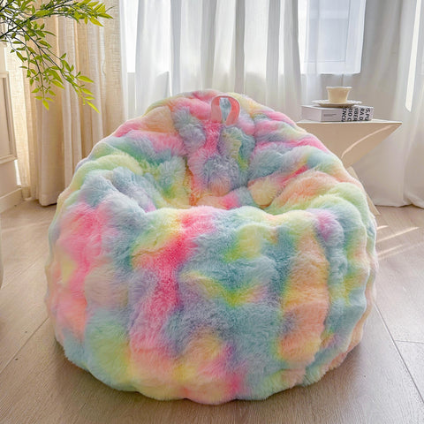 LIFEREVO Kids Fluffy Faux Rabbit Fur Bean Bag Cover, No Filler, Rainbow