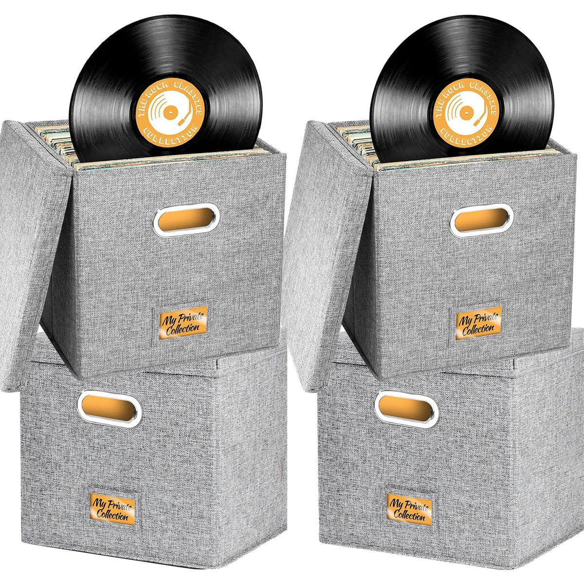 4 PCS 12-inch Vinyl Record Storage Box,Folding LP Case with Lid & Handle