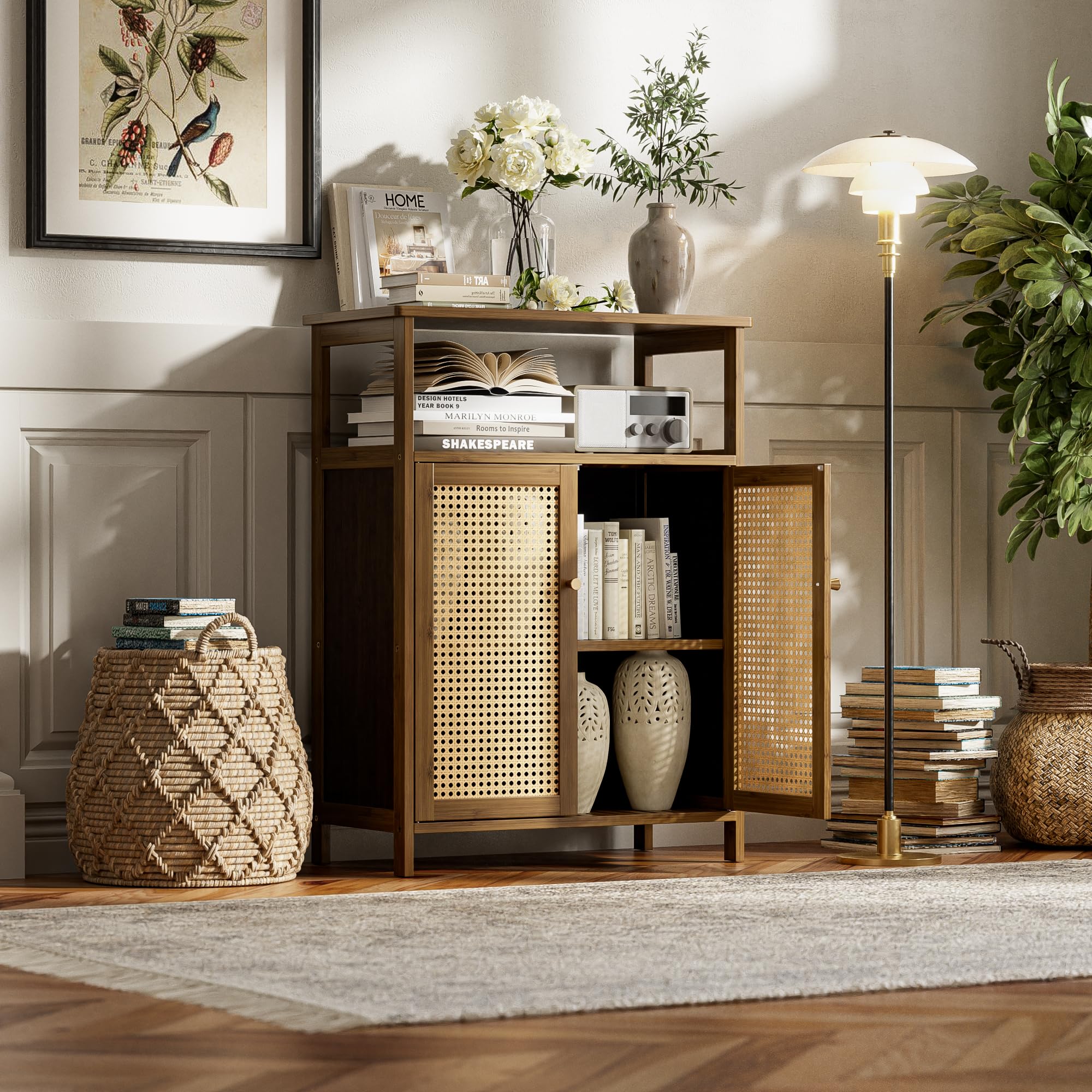 vovala Bathroom Floor Stand Cabinet, Bamboo Storage Organizer Table with 2 Rattan Doors and 1 Shelf, Wooden Side Cupboard for Hallway, Laundry