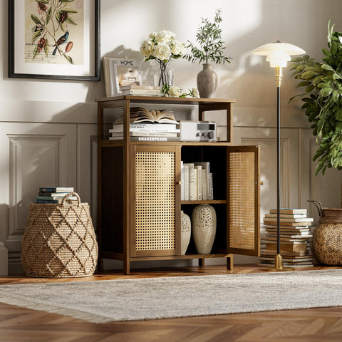 vovala Bathroom Floor Stand Cabinet, Bamboo Storage Organizer Table with 2 Rattan Doors and 1 Shelf, Wooden Side Cupboard for Hallway, Laundry