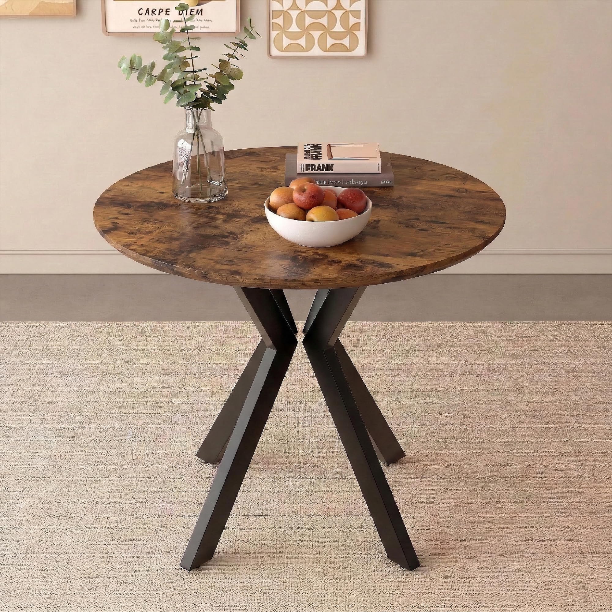 80cm Round Wooden Dining Table with Black Metal Legs for Kitchen & Home
