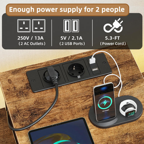 OYRREU 236cm Double Desk with Charging Station, LED & Drawers for 2 Person