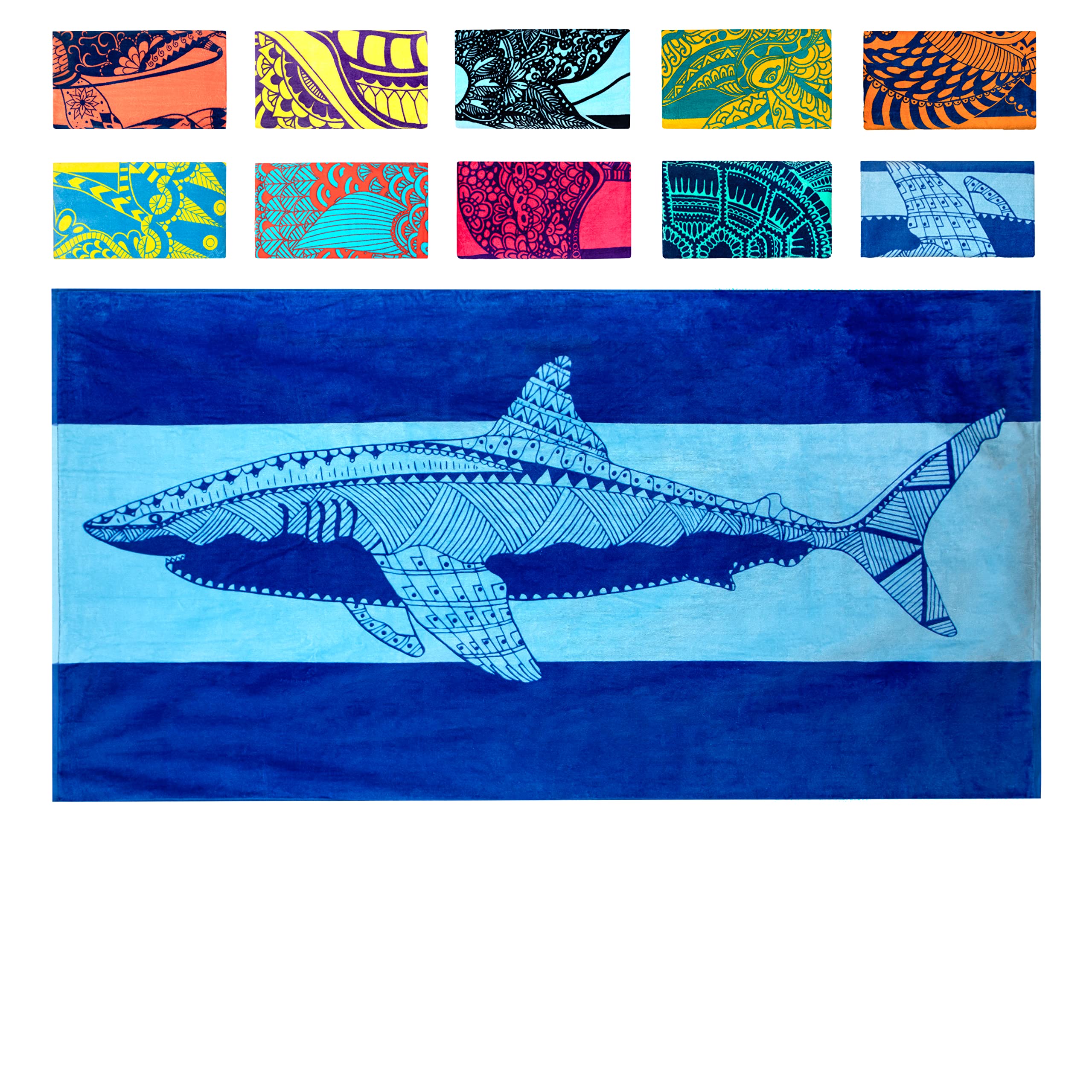 Nova Blue Shark Beach Towel – Blue with A Tropical Design, Extra Large, XL (34”x 63”) Cool Hawaiian, Navy Beach Towel with Light Blue Stripe